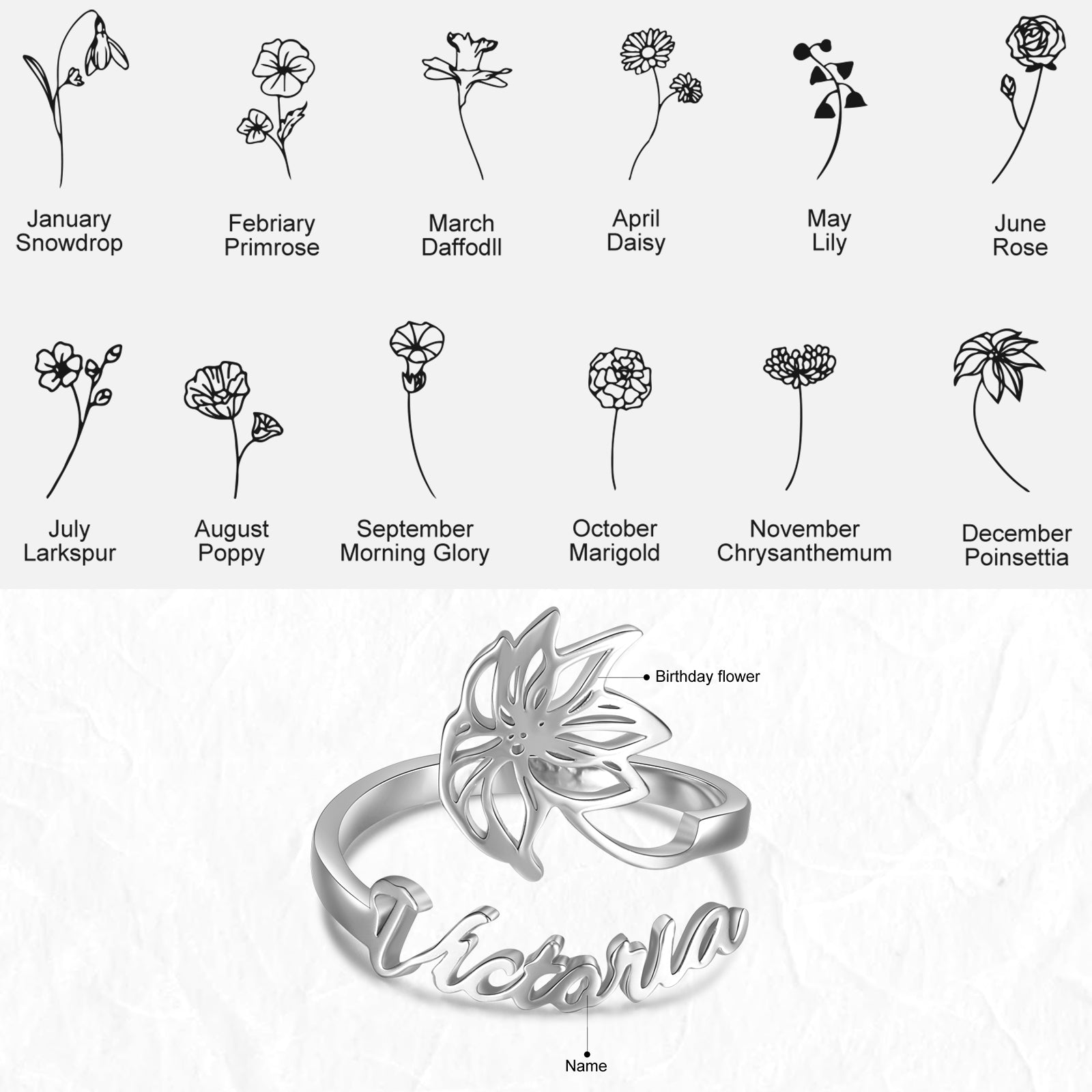 Adjustable  Birthflower Name Ring