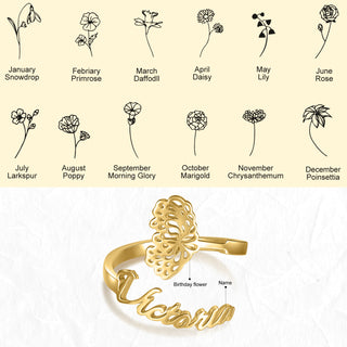 Adjustable  Birthflower Name Ring