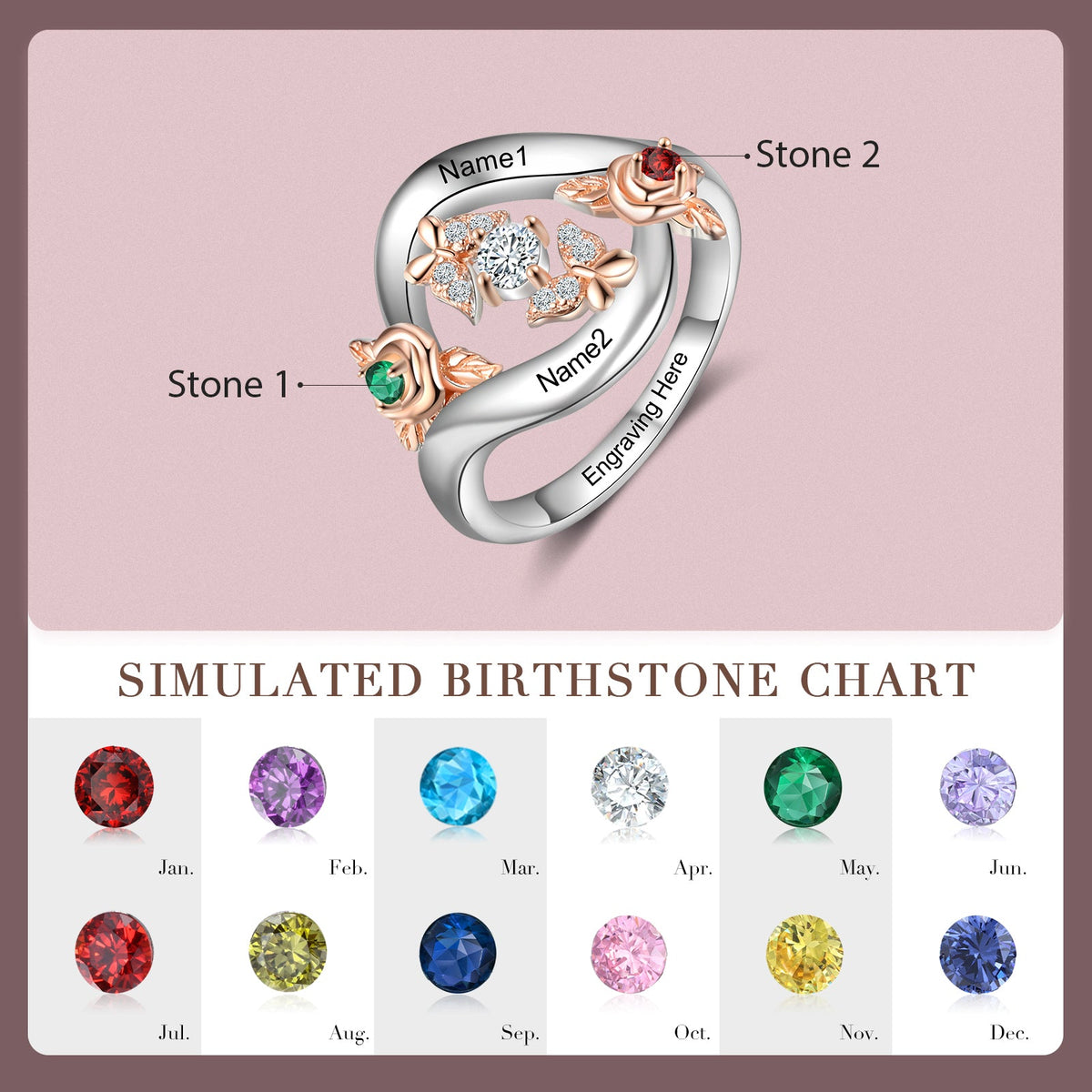 S925 Silver Birthstone Rose Flower Ring