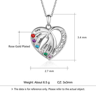 S925 Custom Names Six Colorful Birthstones Heart Shape Pendant Necklace