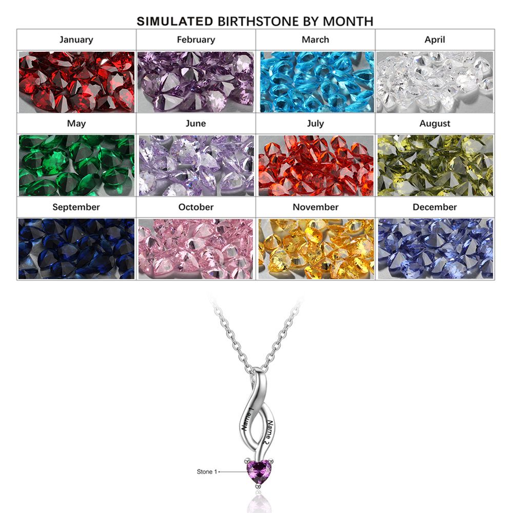 925 Silver Personalized Names Two Heart Shape Birthstones Necklace