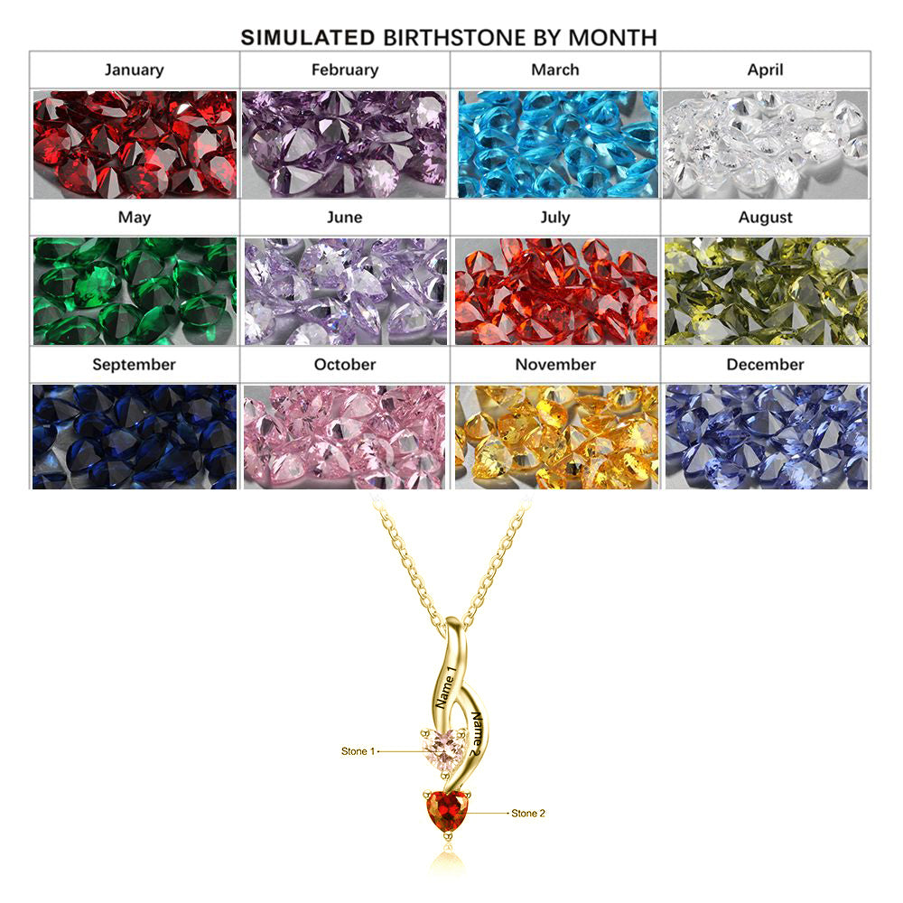925 Silver Personalized Names Two Heart Shape Birthstones Necklace