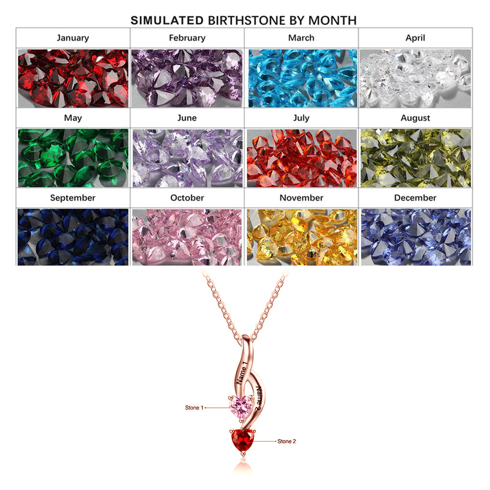 925 Silver Personalized Names Two Heart Shape Birthstones Necklace