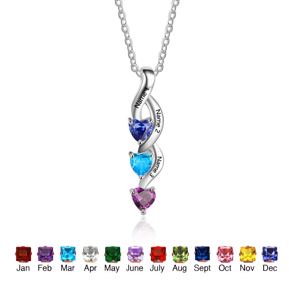 Engraving Names 925 Sterling Silver Three Heart Shape Colorful Birthstones Necklace