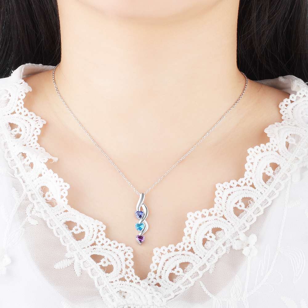 Engraving Names 925 Sterling Silver Three Heart Shape Colorful Birthstones Necklace