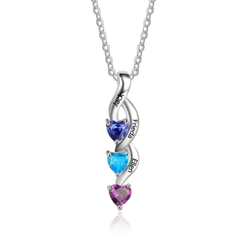 Engraving Names 925 Sterling Silver Three Heart Shape Colorful Birthstones Necklace