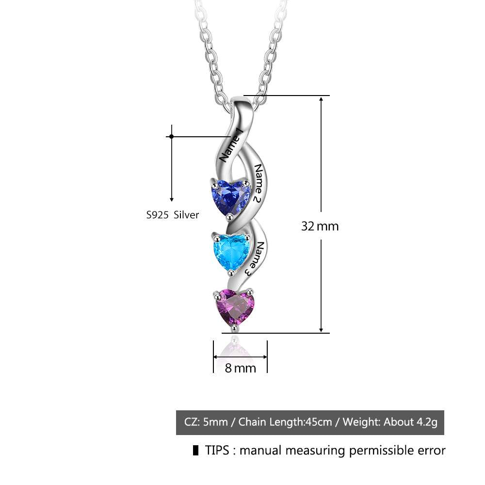 Engraving Names 925 Sterling Silver Three Heart Shape Colorful Birthstones Necklace