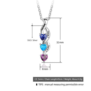 Engraving Names 925 Sterling Silver Three Heart Shape Colorful Birthstones Necklace