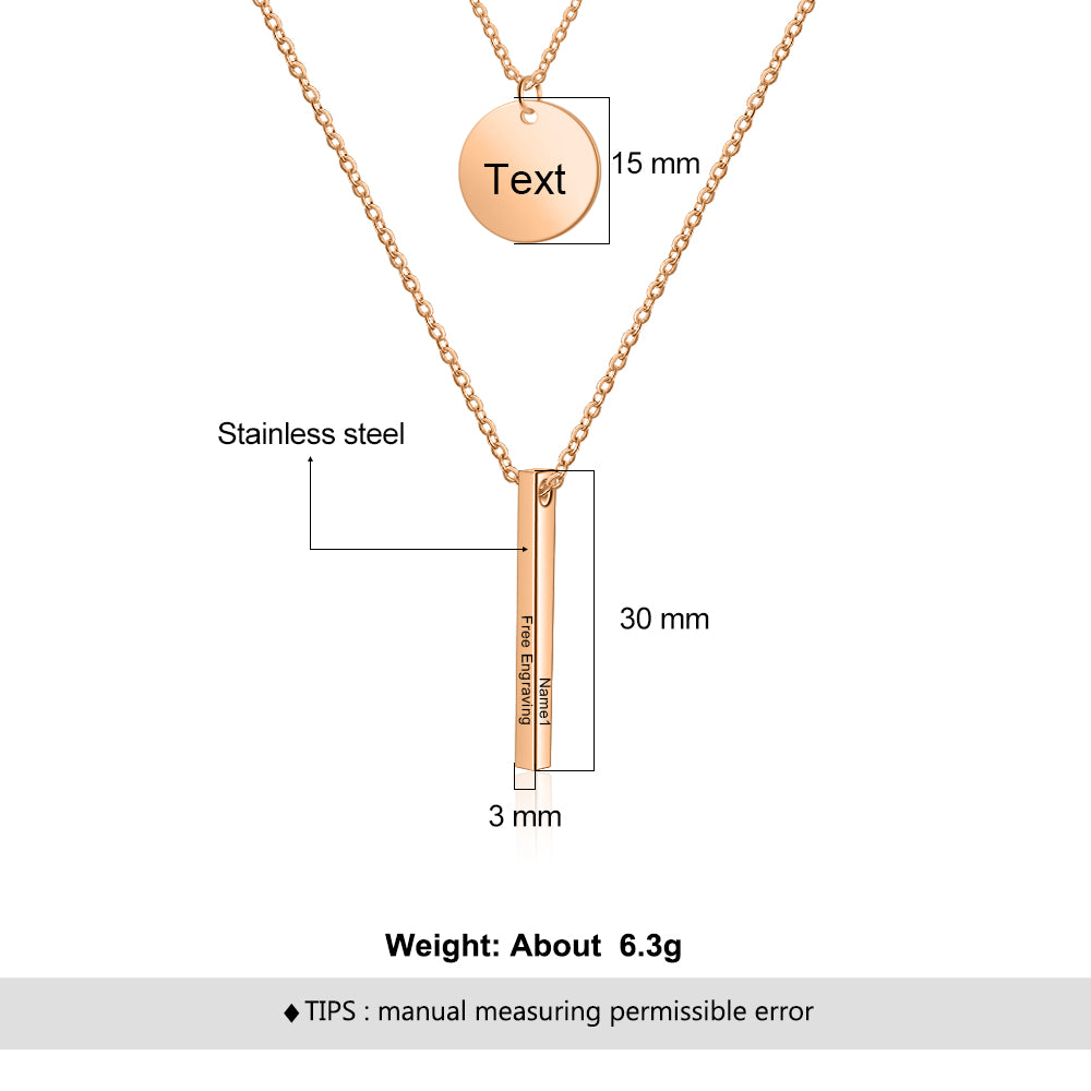 Personalized Stainless Steel Bar Round Pendant Necklace
