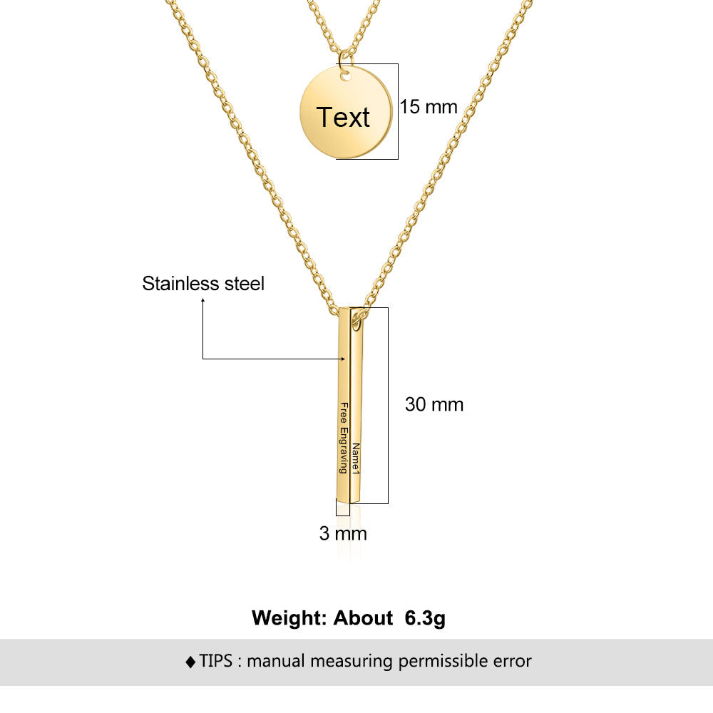 Personalized Stainless Steel Bar Round Pendant Necklace