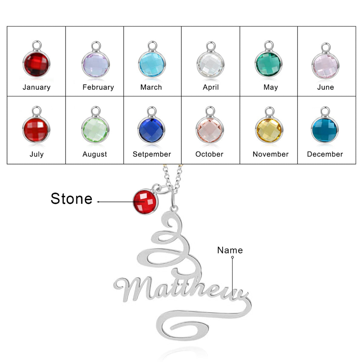 Stainless Steel Christmas Tree Birthstone Name Necklace