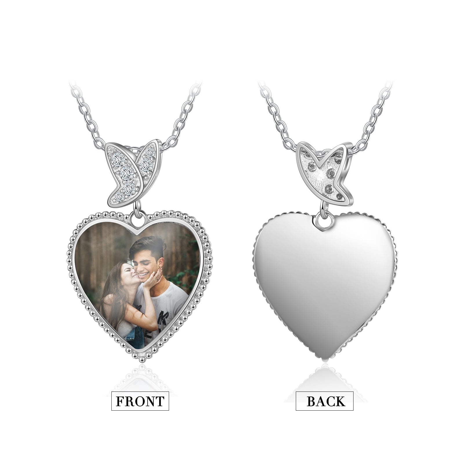 Personalized Rhodium Plated Butterfly Heart Shape Necklace