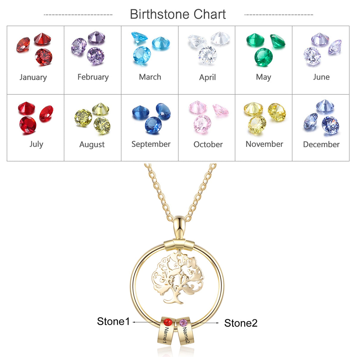 Birthstone & Engraved Life Tree Necklace