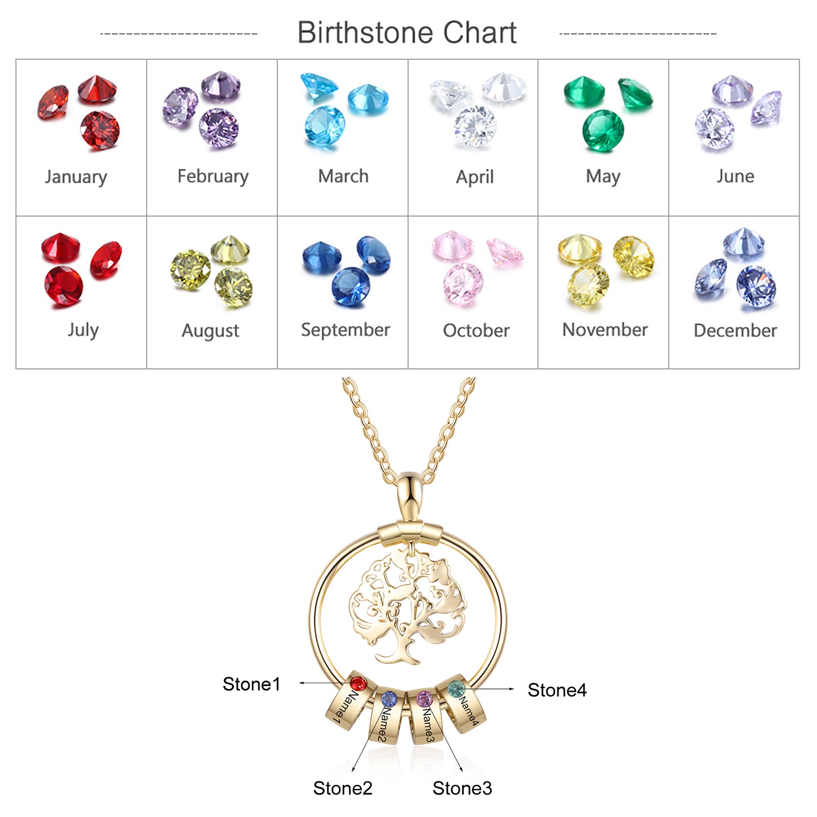 Birthstone & Engraved Life Tree Necklace