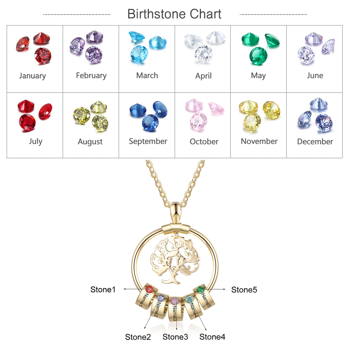 Birthstone & Engraved Life Tree Necklace