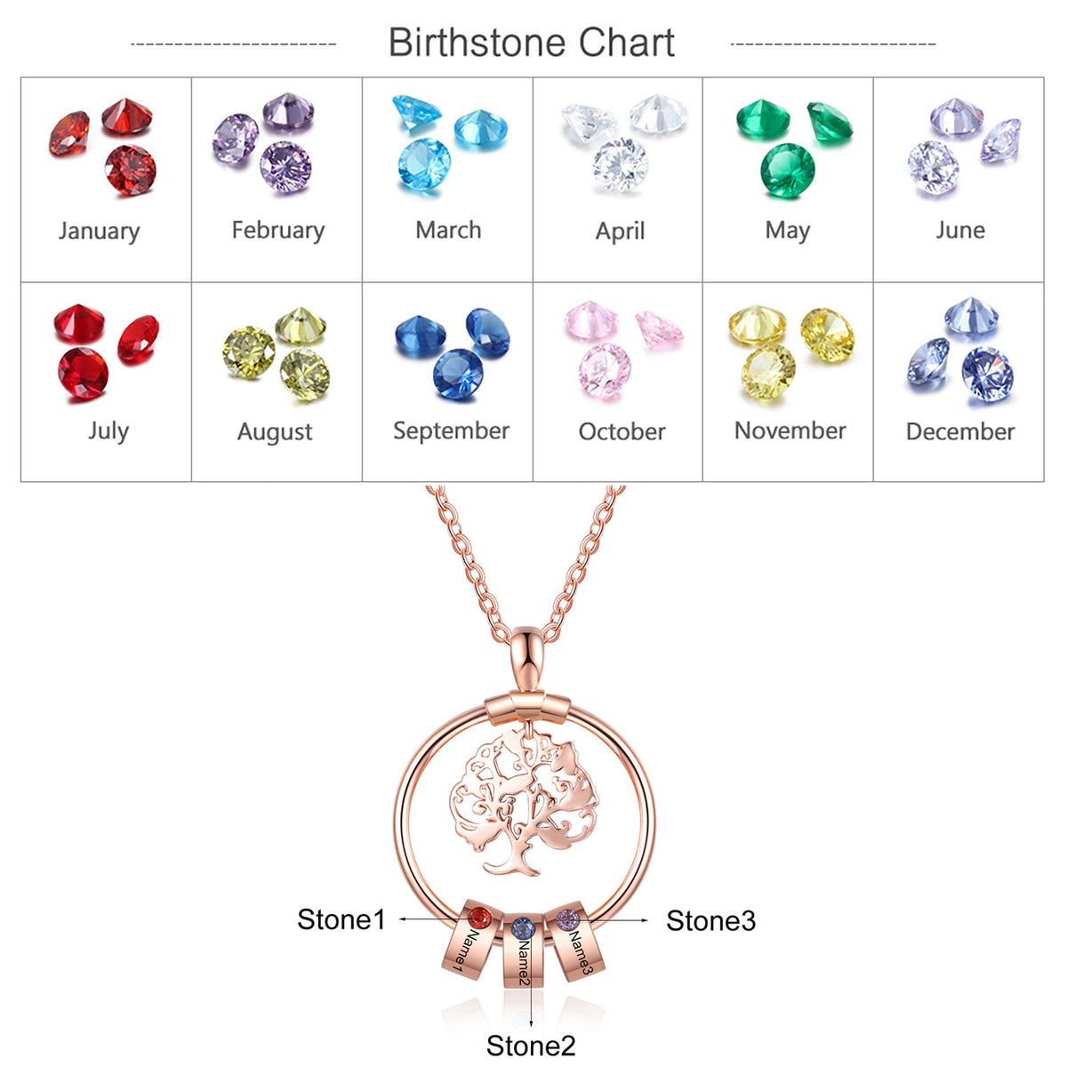 Birthstone & Engraved Life Tree Necklace
