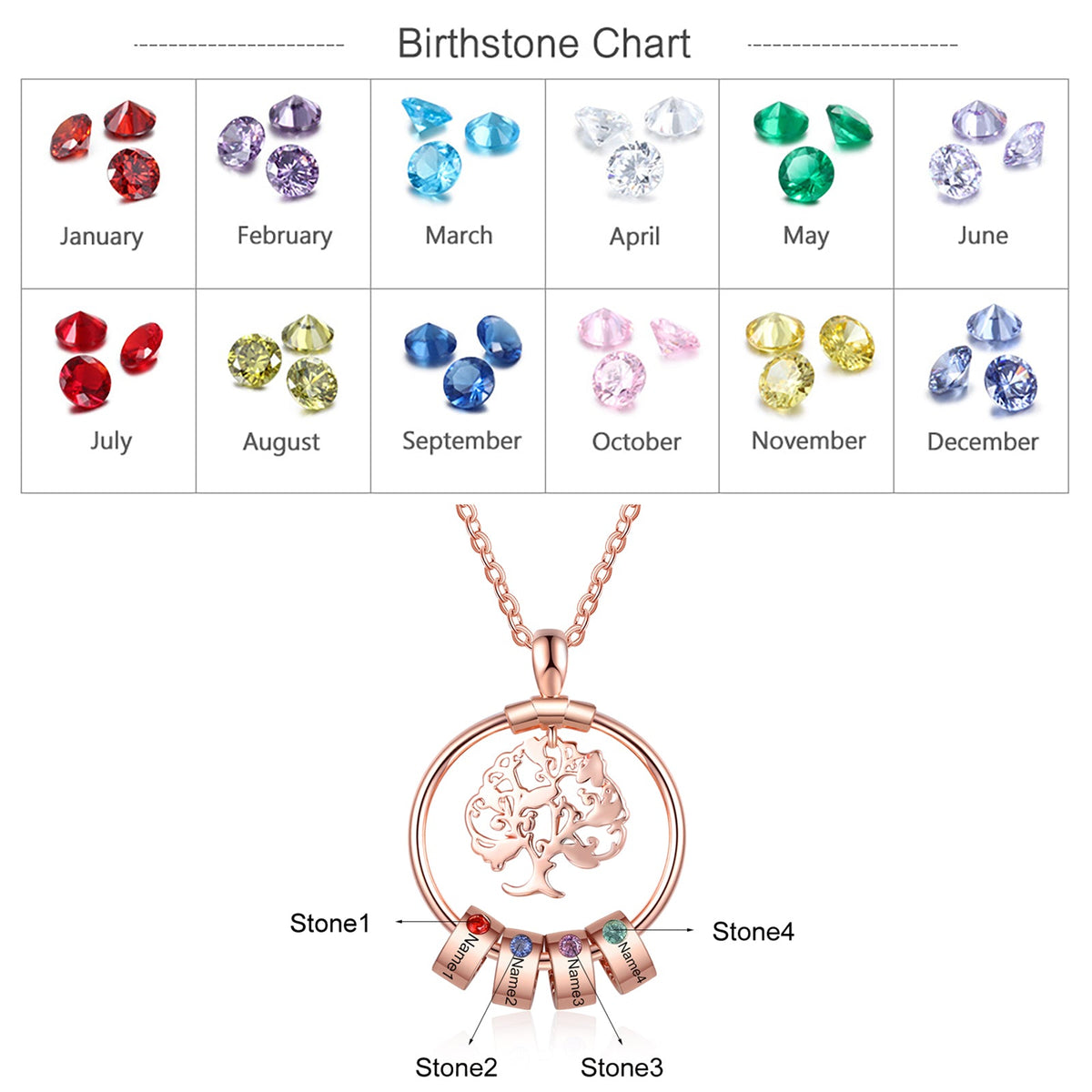Birthstone & Engraved Life Tree Necklace
