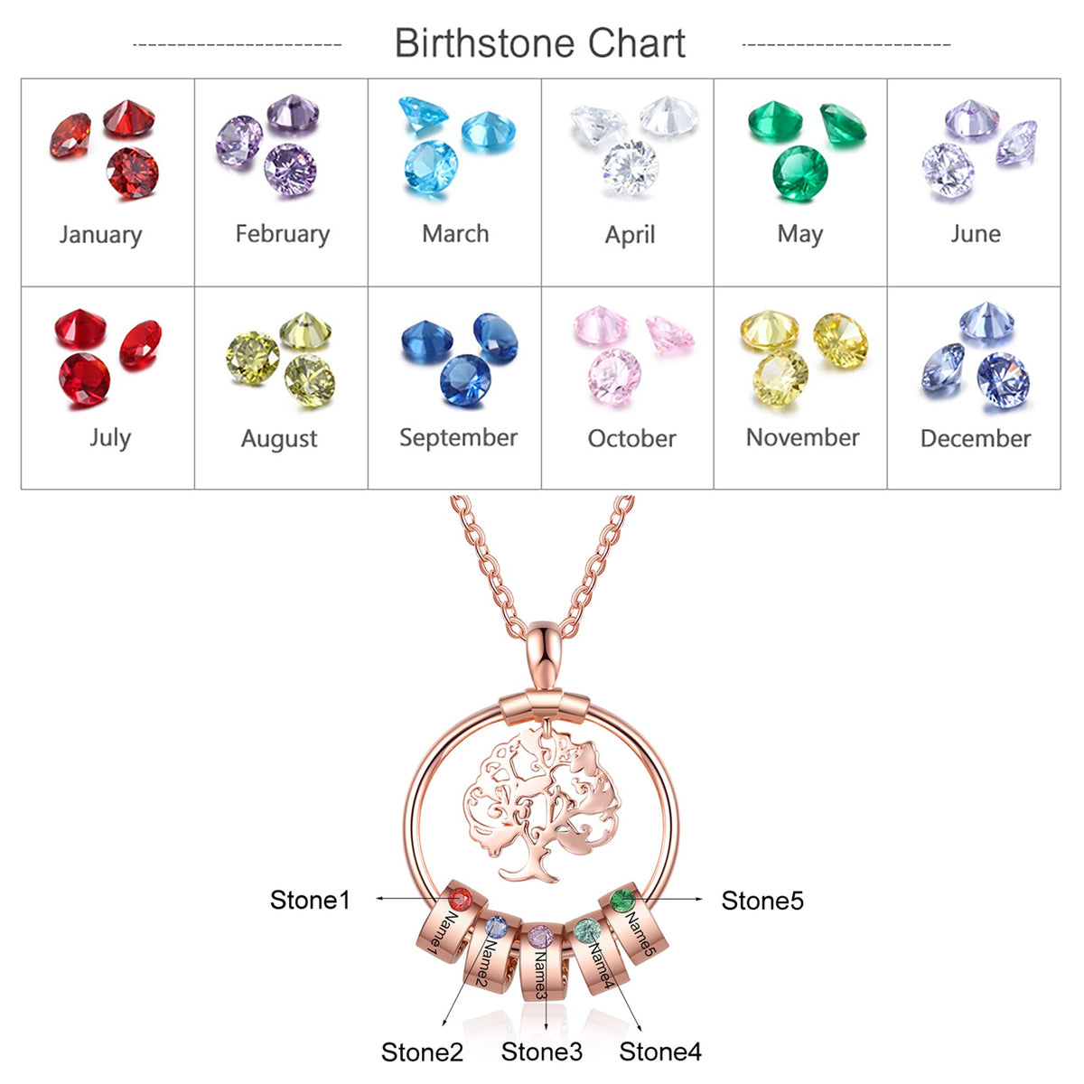 Birthstone & Engraved Life Tree Necklace