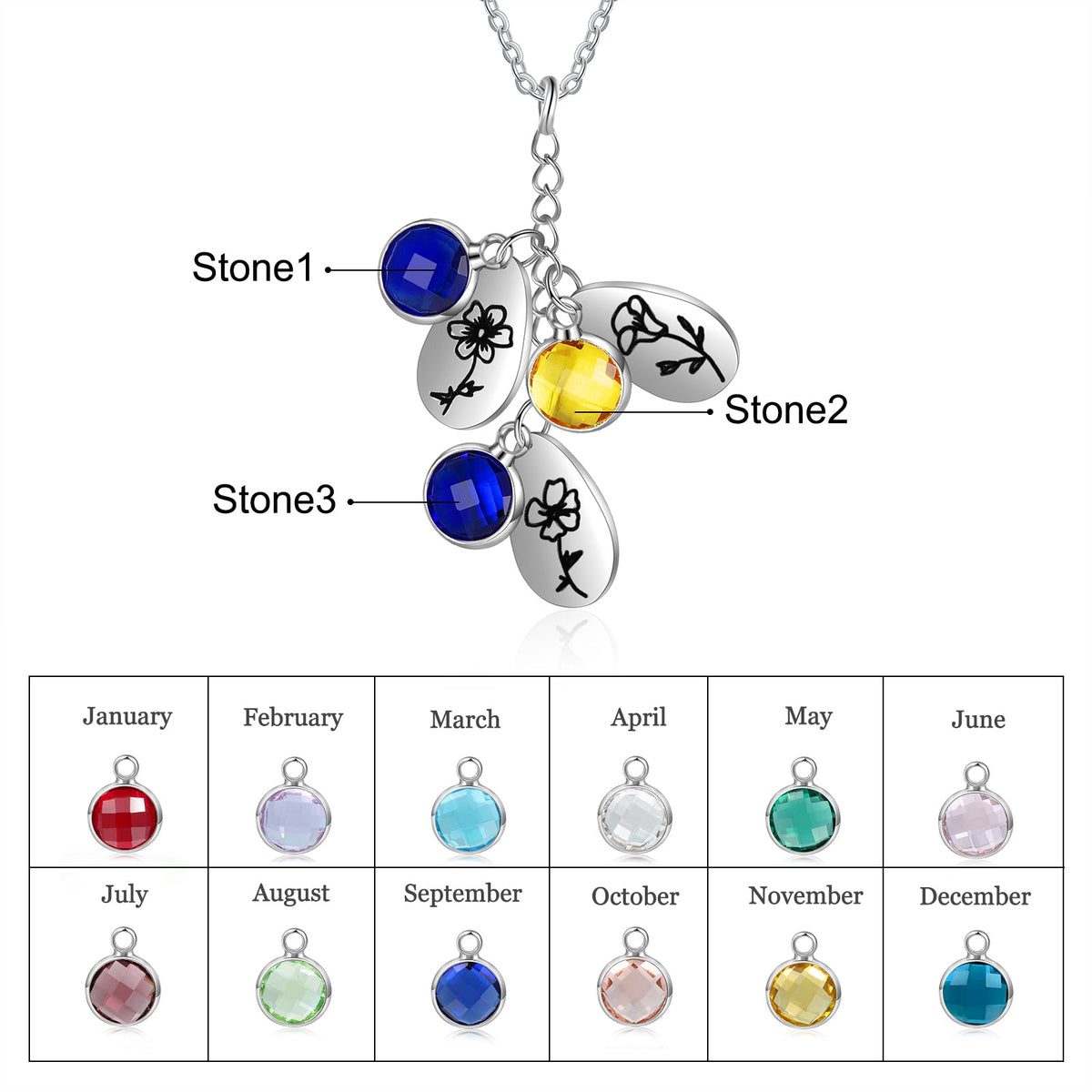 Stainless Steel Water drop Birthstone Birth Flower Necklace