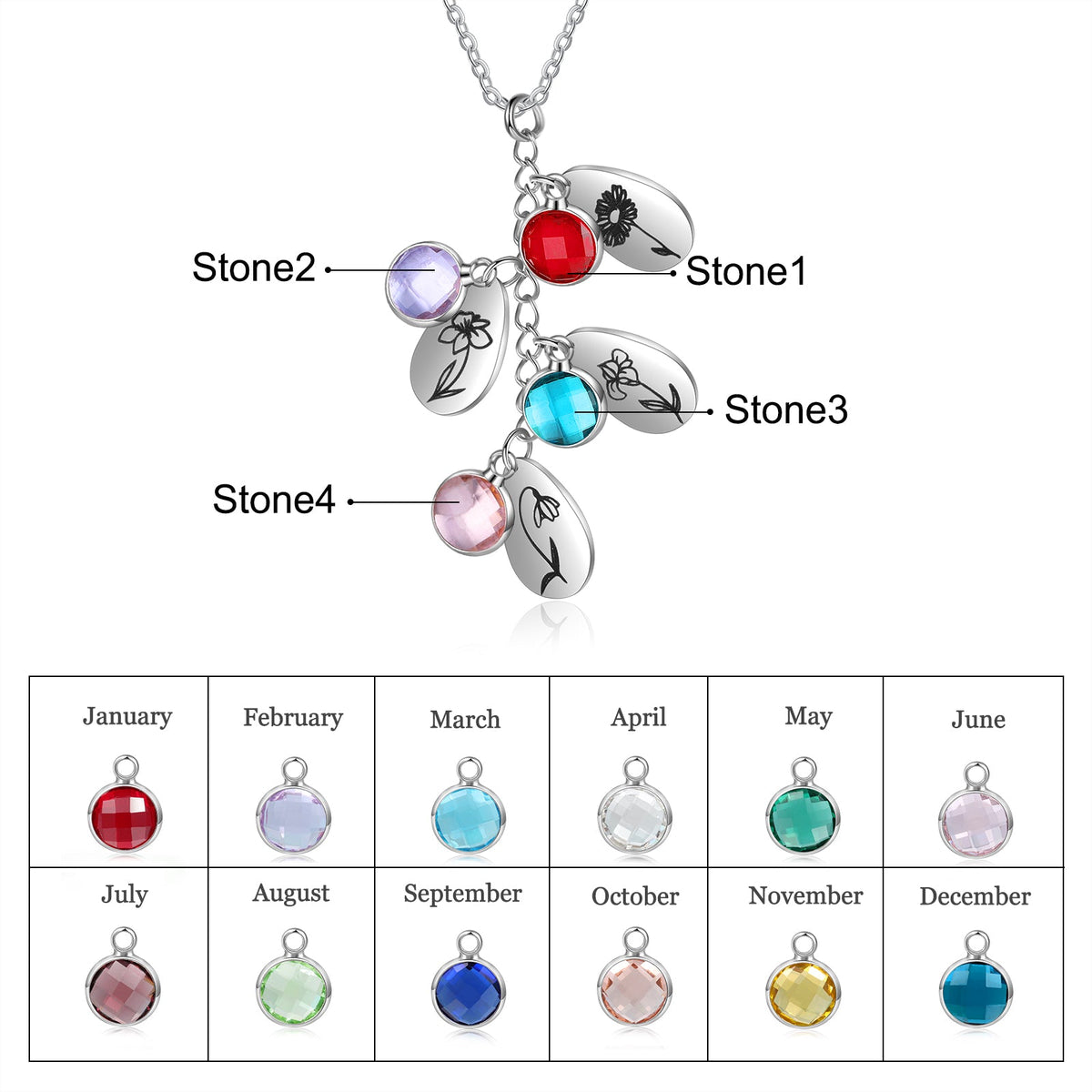 Stainless Steel Water drop Birthstone Birth Flower Necklace
