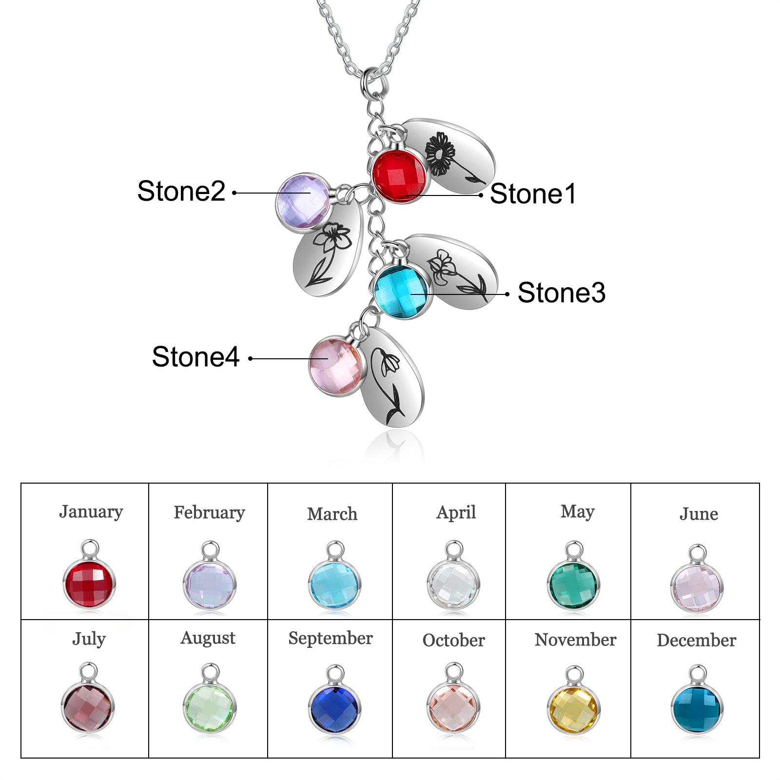 Stainless Steel Water drop Birthstone Birth Flower Necklace