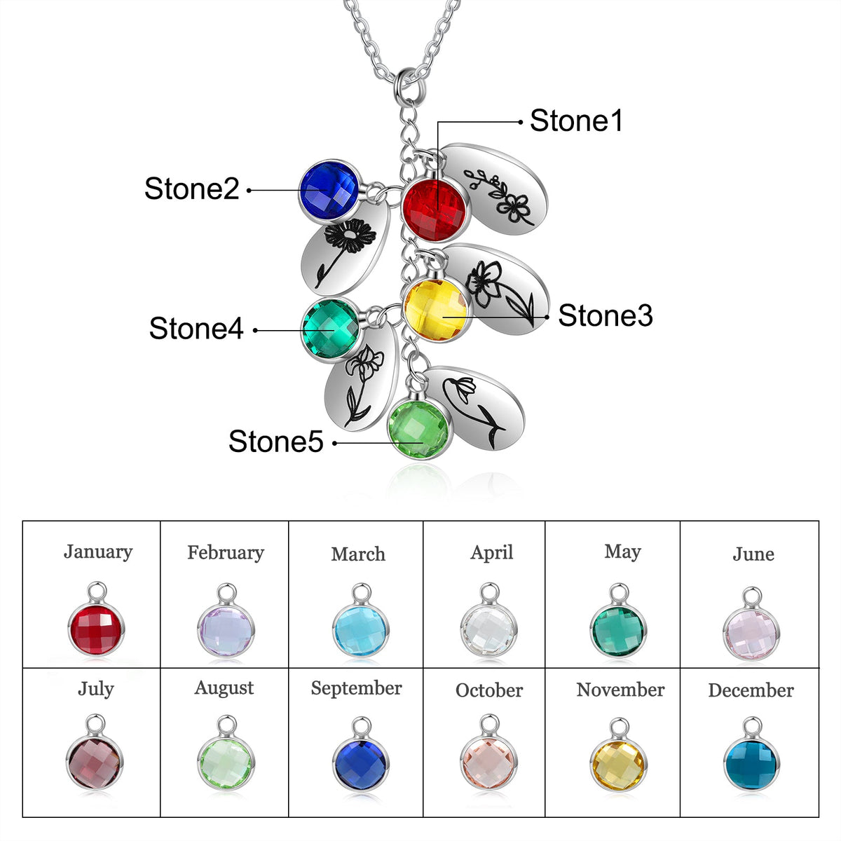 Stainless Steel Water drop Birthstone Birth Flower Necklace