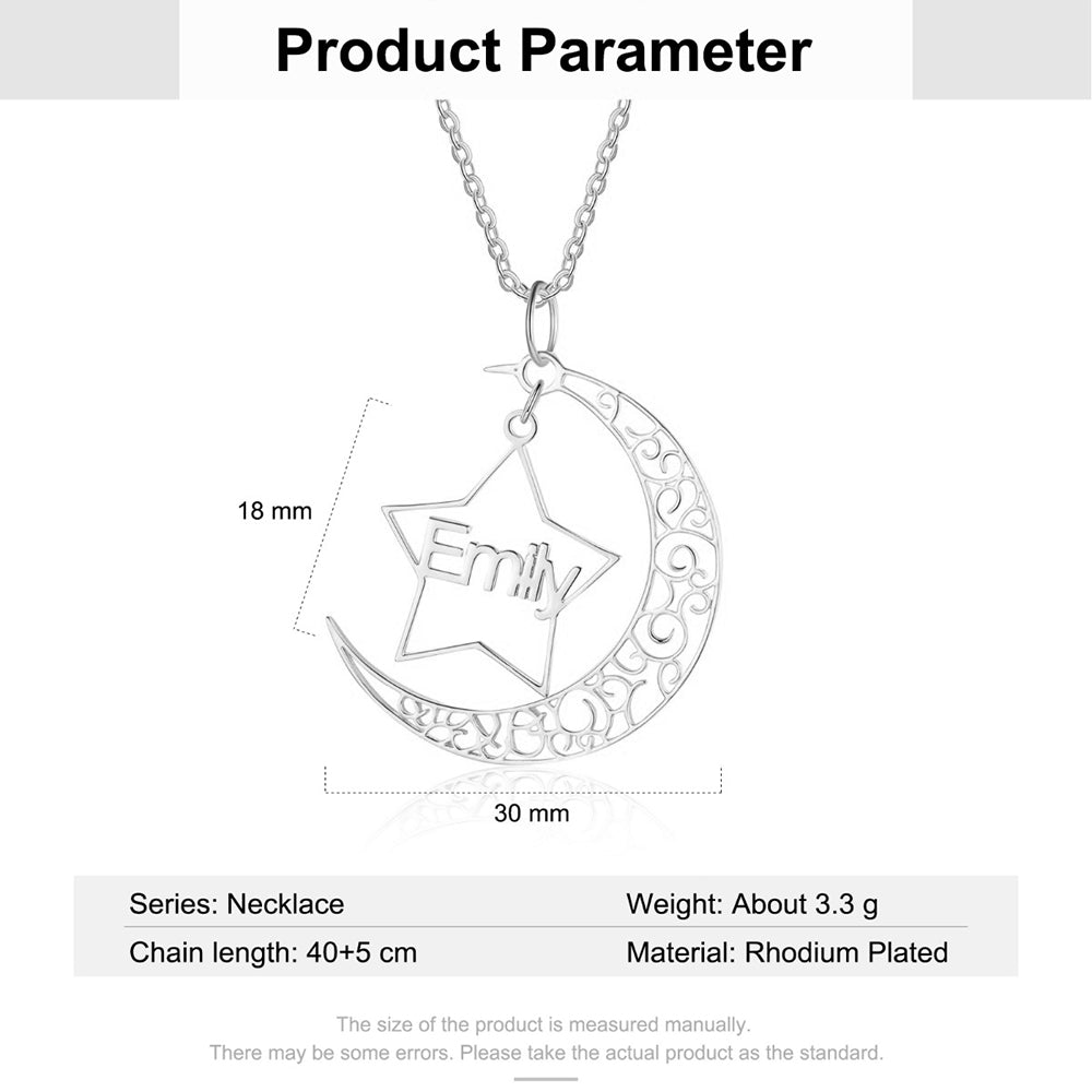 Personalized Rhodium Pated Star Moon Name Necklace