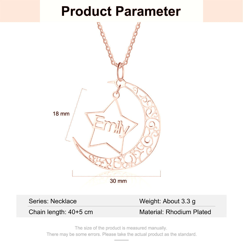Personalized Rhodium Pated Star Moon Name Necklace