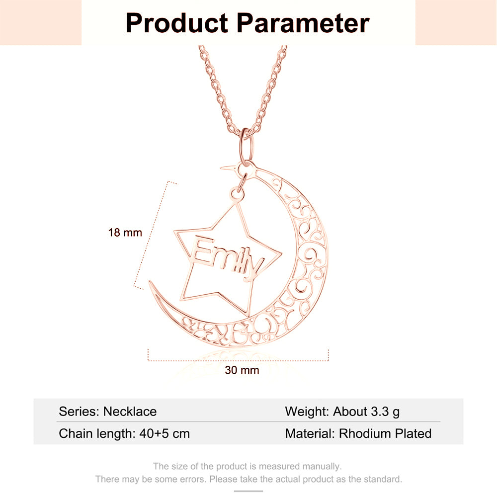 Personalized Rhodium Pated Star Moon Name Necklace
