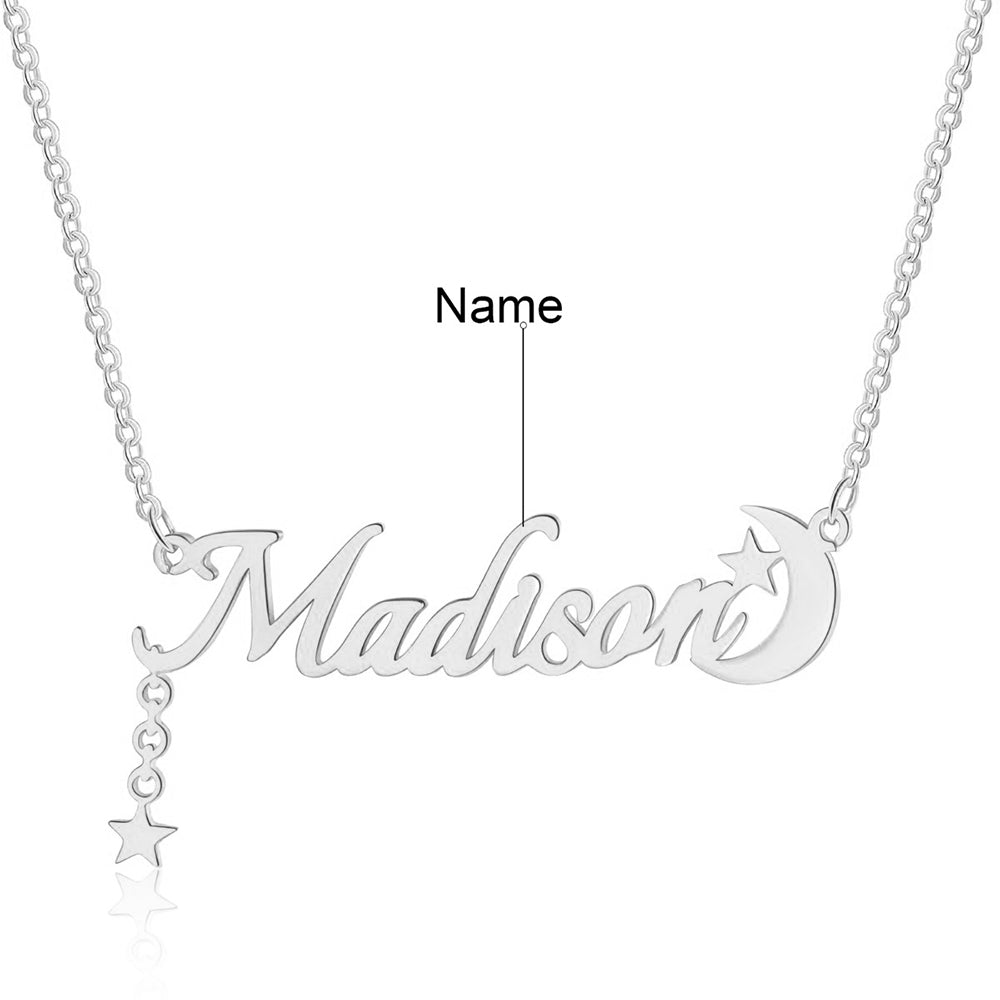 Personalized Rhodium Plated Star Moon Name Necklace