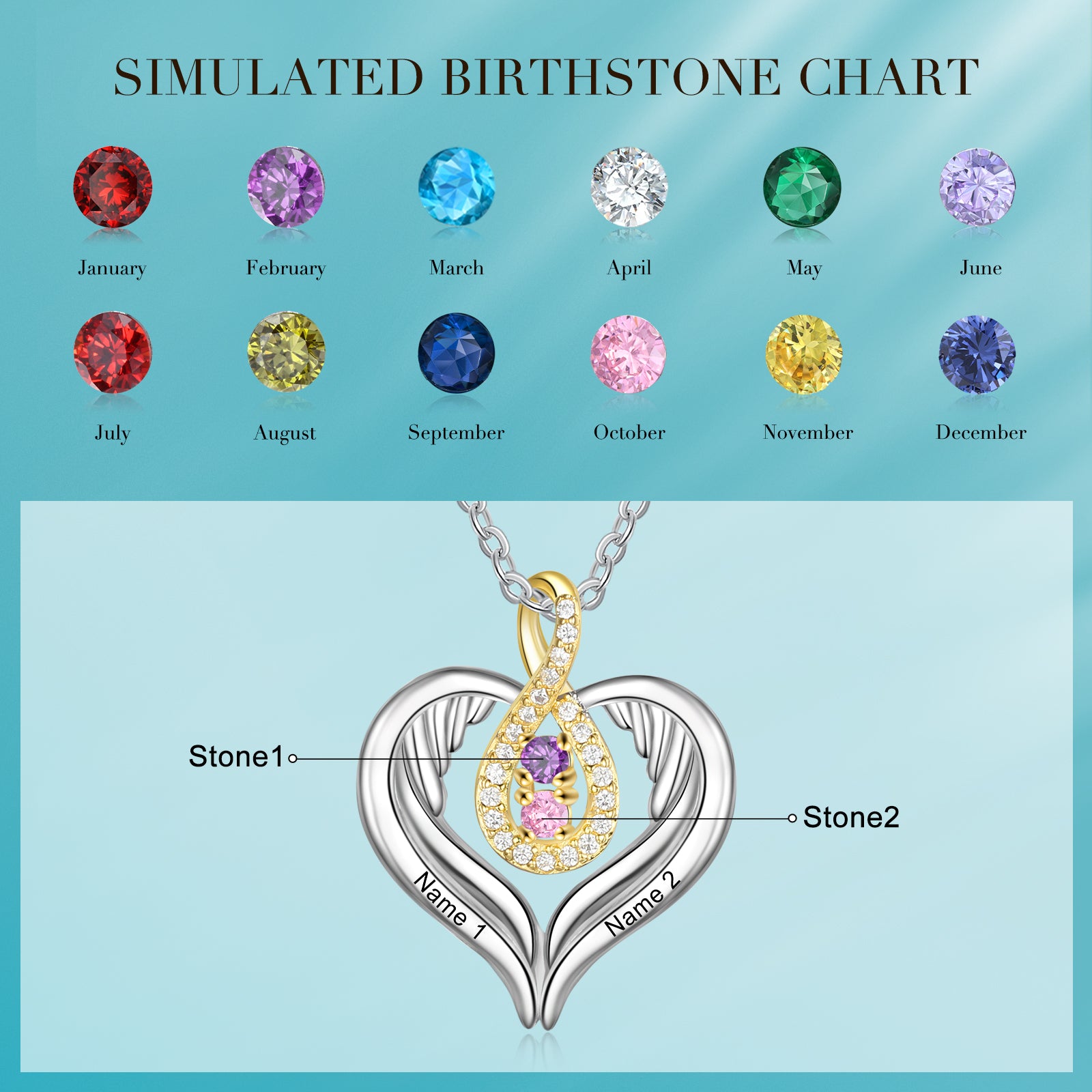 Rhodium Plated Heart Shape Necklace with Birthstone