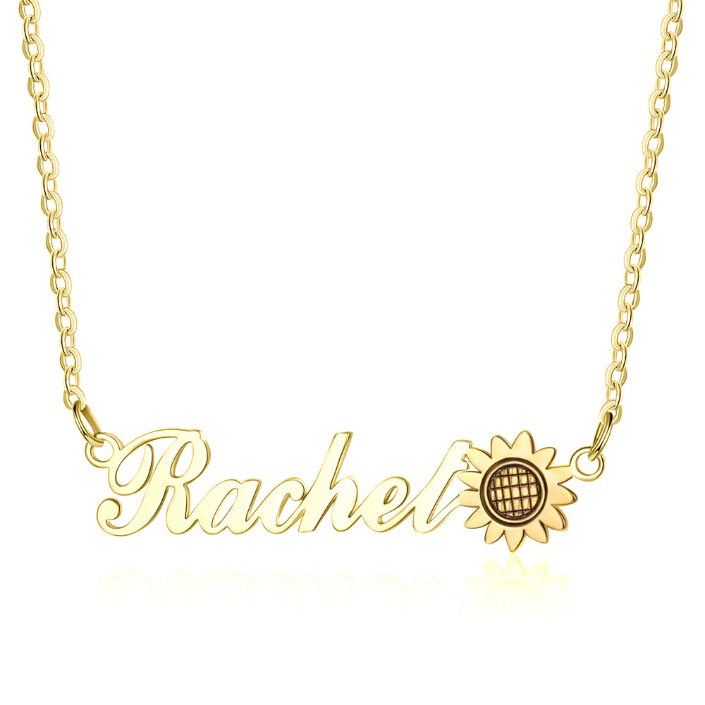 Personalized Rhodium Plated Cuatom Sunflower Name Necklace