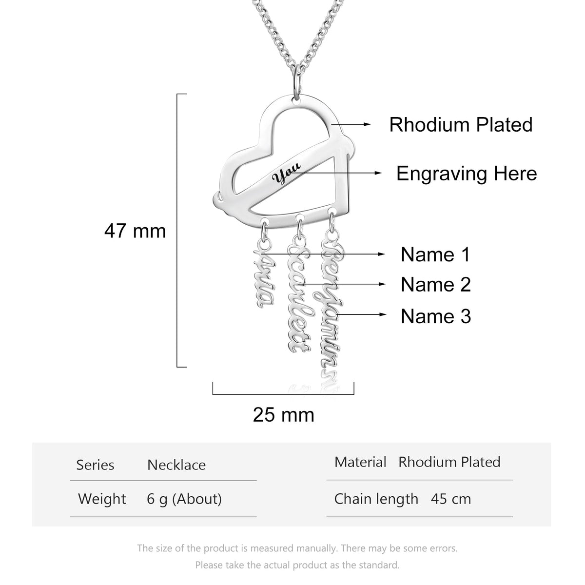 Personalized Rhodium Plated Heart Shape Name Necklace