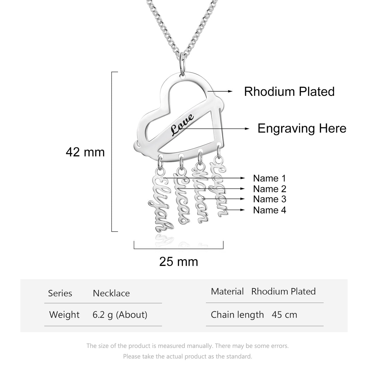 Personalized Rhodium Plated Heart Shape Name Necklace