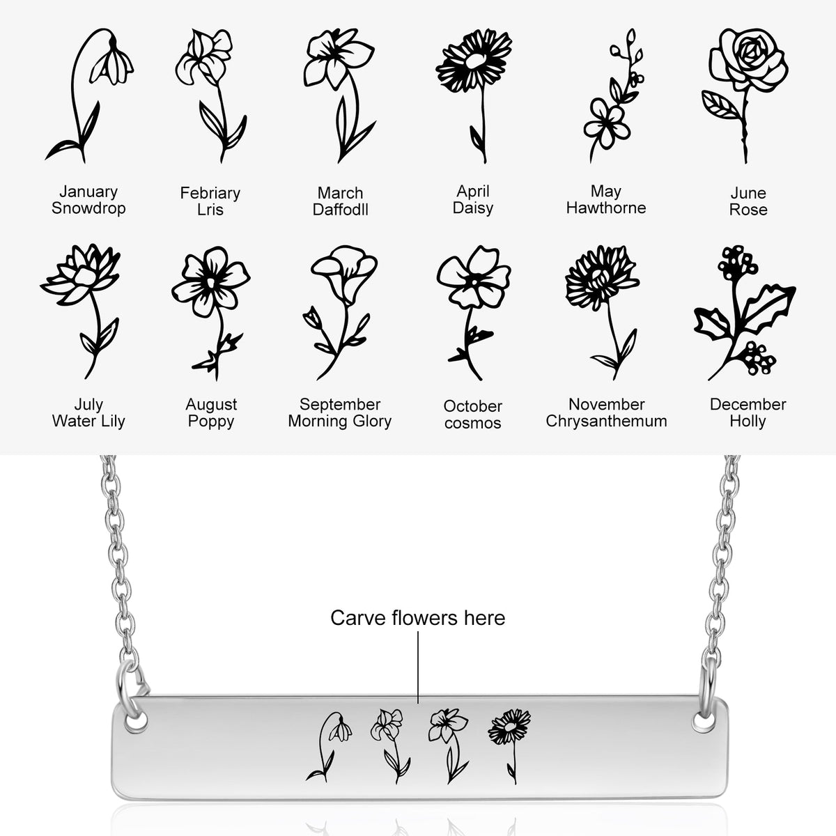 Stainless Steel Birthflower Vertical Bar Necklace