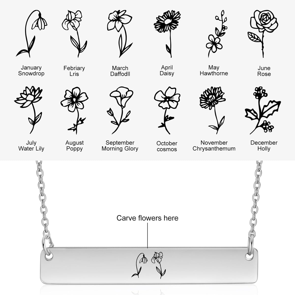 Stainless Steel Birthflower Vertical Bar Necklace