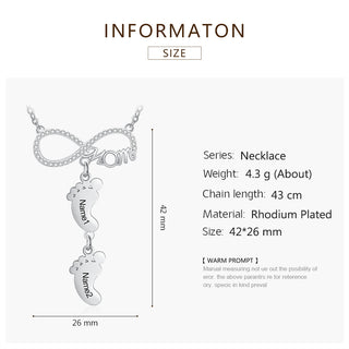 Personalized Rhodium Plated Infinity Baby Feet Necklace