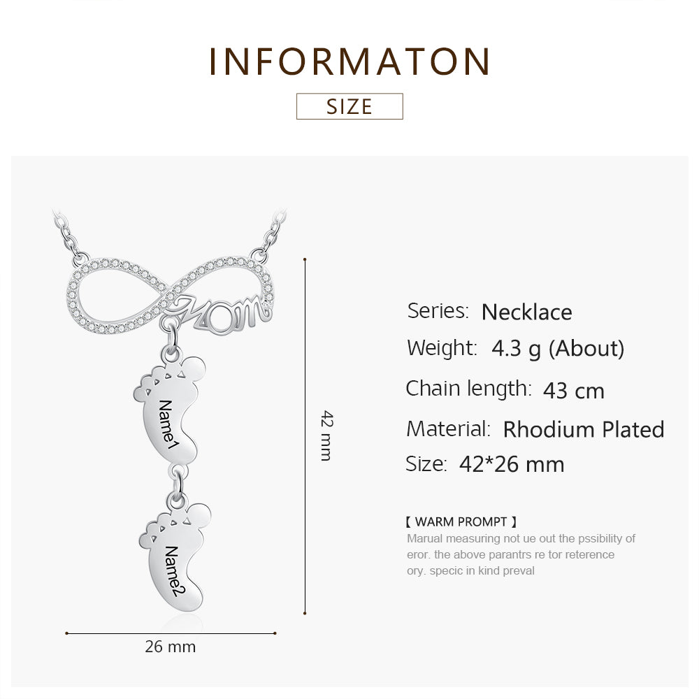 Personalized Rhodium Plated Infinity Baby Feet Necklace