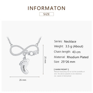 Personalized Rhodium Plated Infinity Baby Feet Necklace