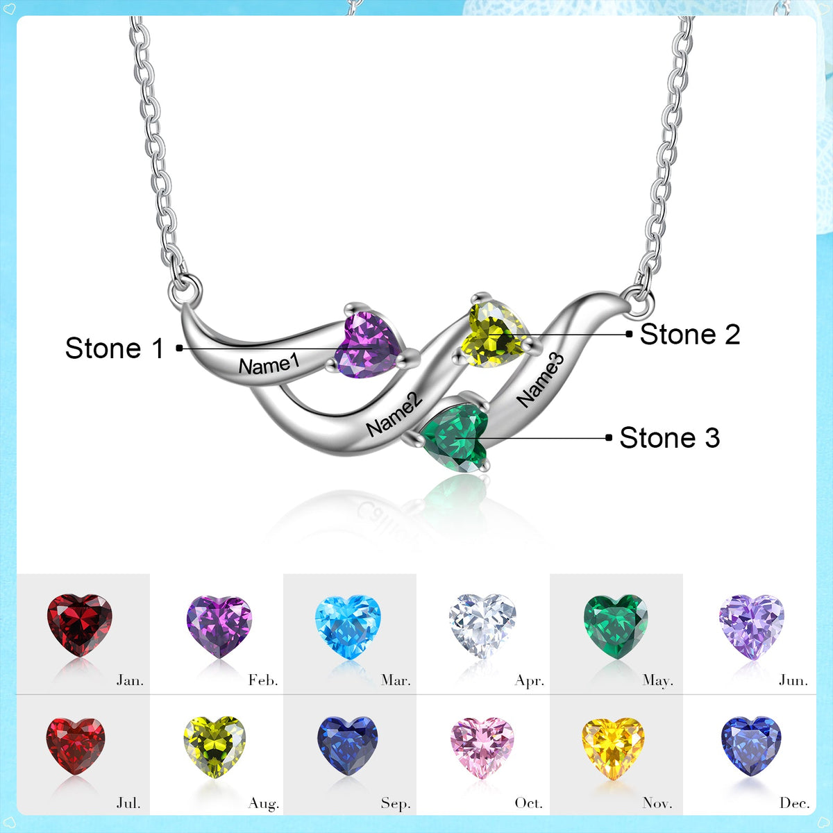 S925 Silver Heart Shape Birthstone Pendant Necklace
