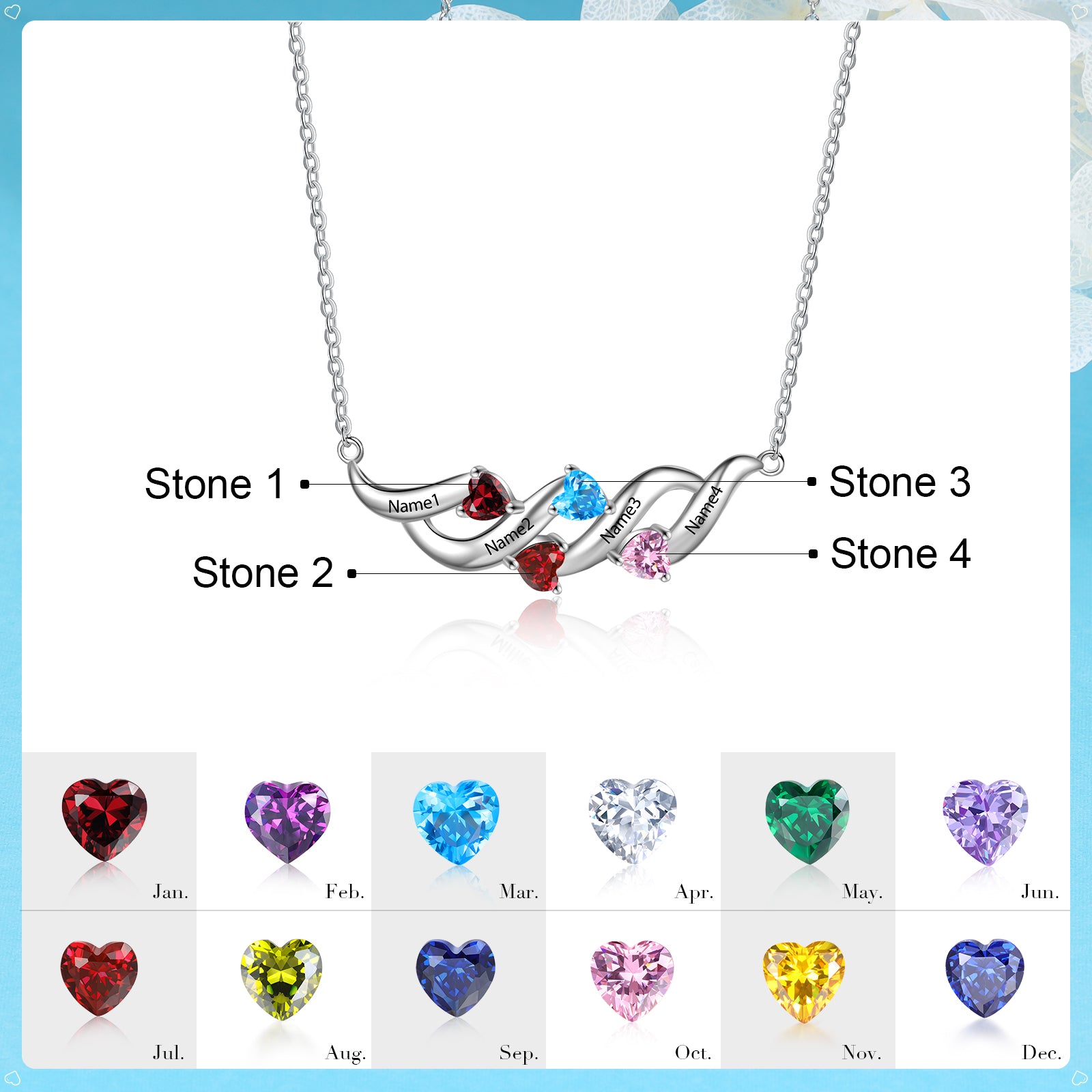 S925 Silver Heart Shape Birthstone Pendant Necklace