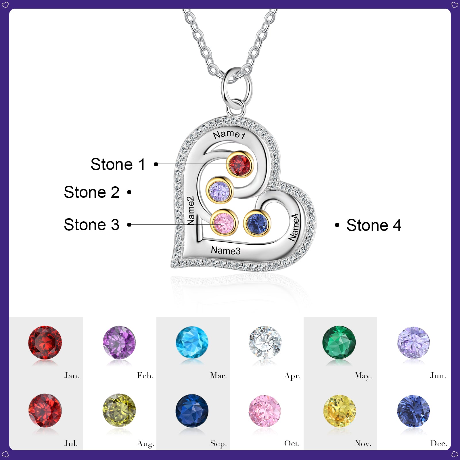 S925 Silver Birthstone Heart Shape Necklace