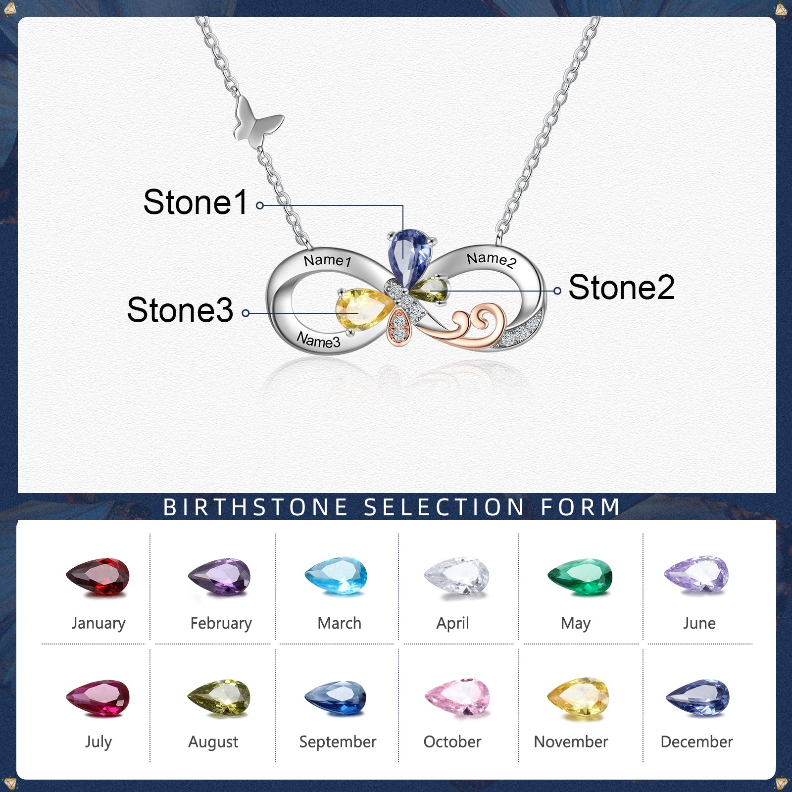 Rhodium Plated Birthstone Infinity Pendant Necklace with Butterfly
