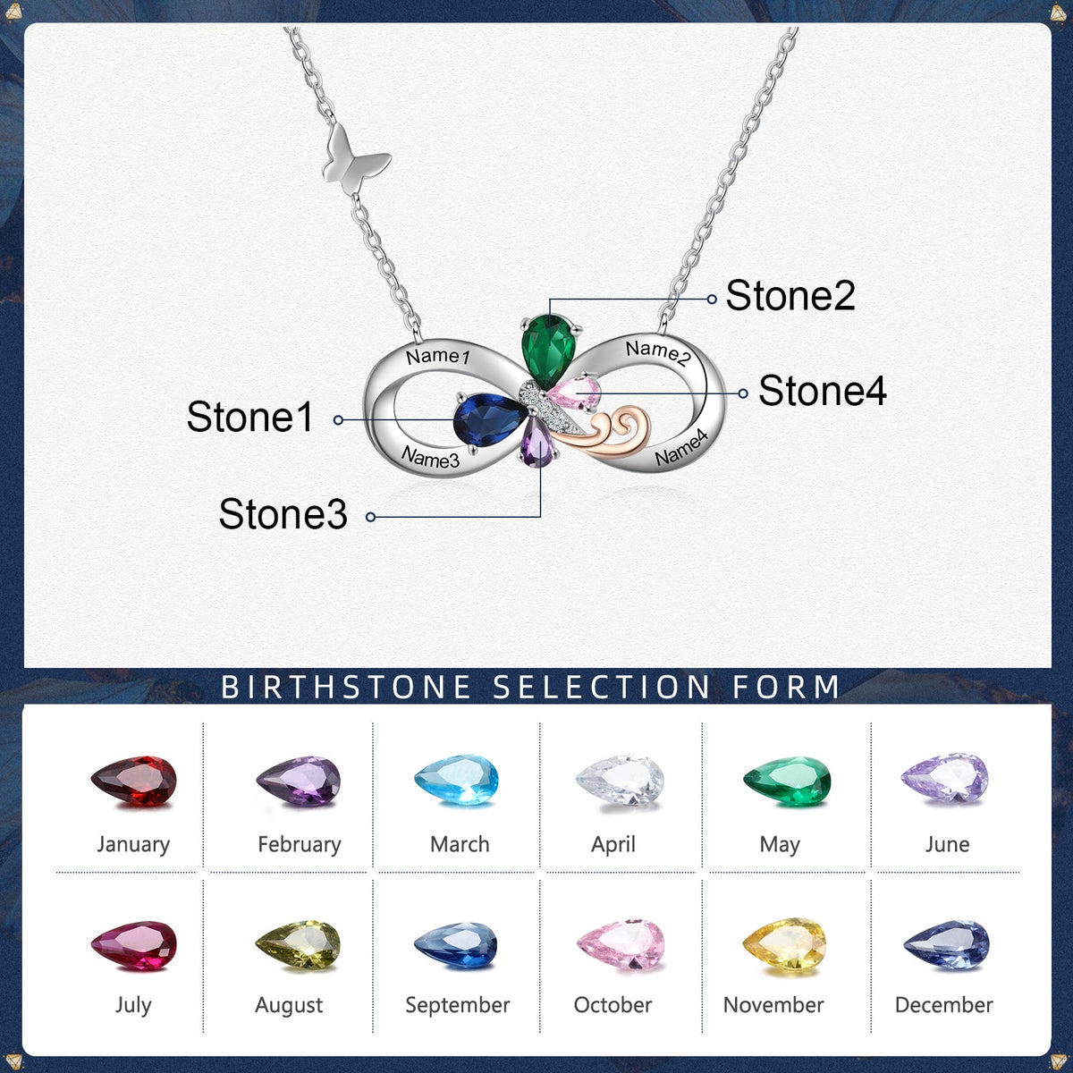 Rhodium Plated Birthstone Infinity Pendant Necklace with Butterfly