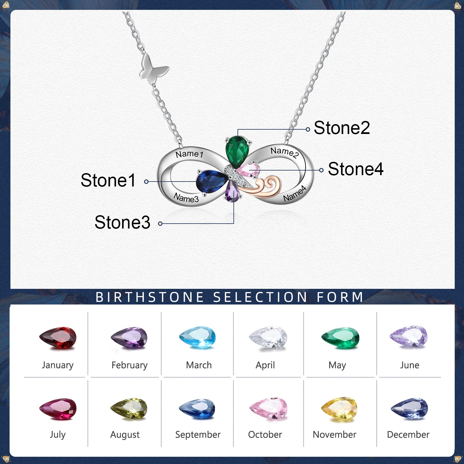 Rhodium Plated Birthstone Infinity Pendant Necklace with Butterfly