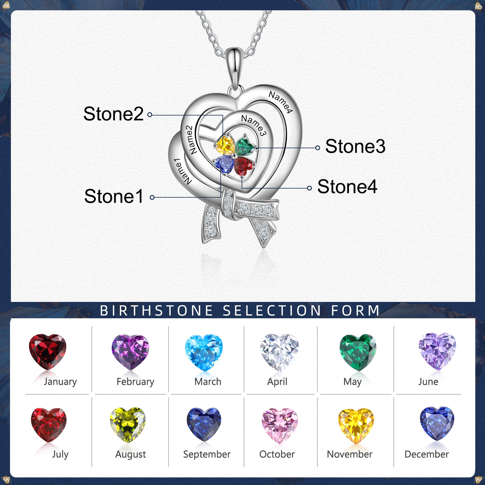 S925 Silver Birthstone Heart Shape Pendant Necklace