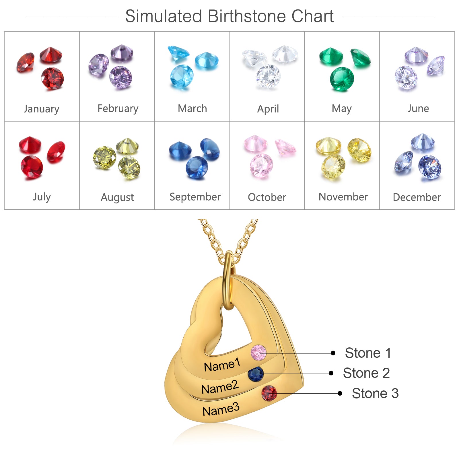 Personalized Birthstone Multiple Heart Shape Necklace
