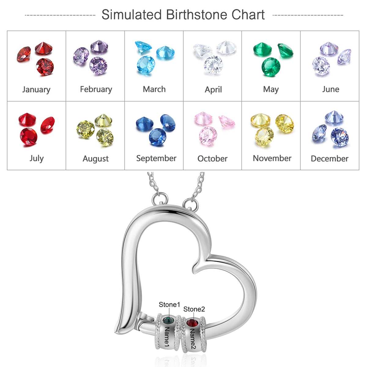 Birthstone & Engraved Rhodium plated Necklace