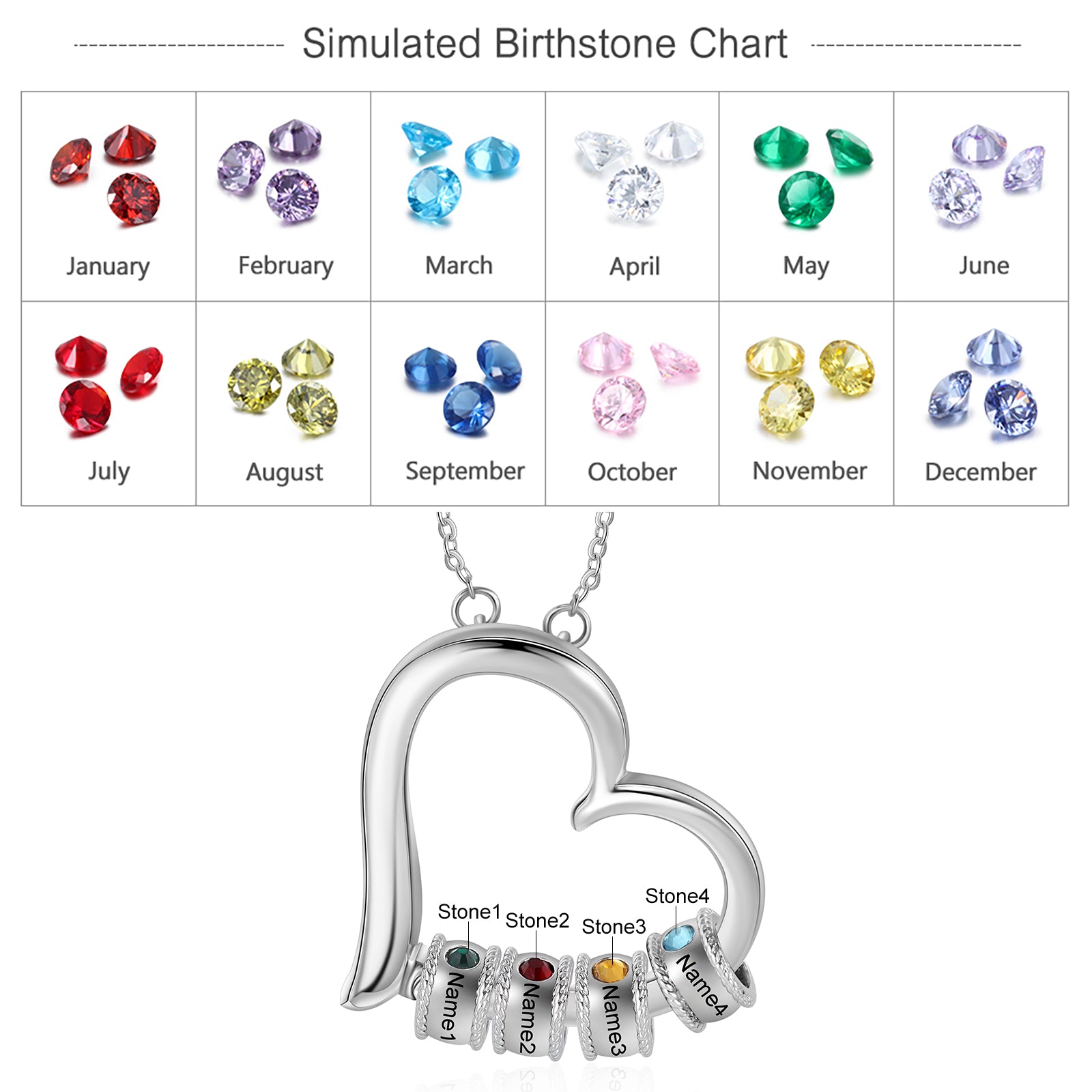 Birthstone & Engraved Rhodium plated Necklace