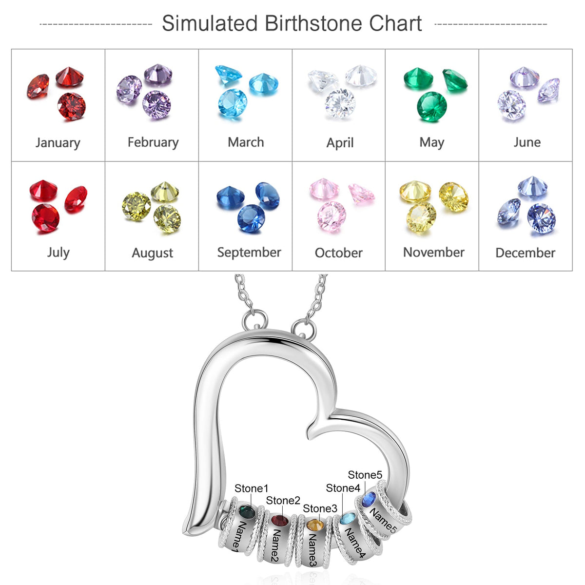 Birthstone & Engraved Rhodium plated Necklace